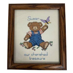 VTG Susan Cherished Treasure Teddy Bear Butterfly Cross Stitch Framed Artwork